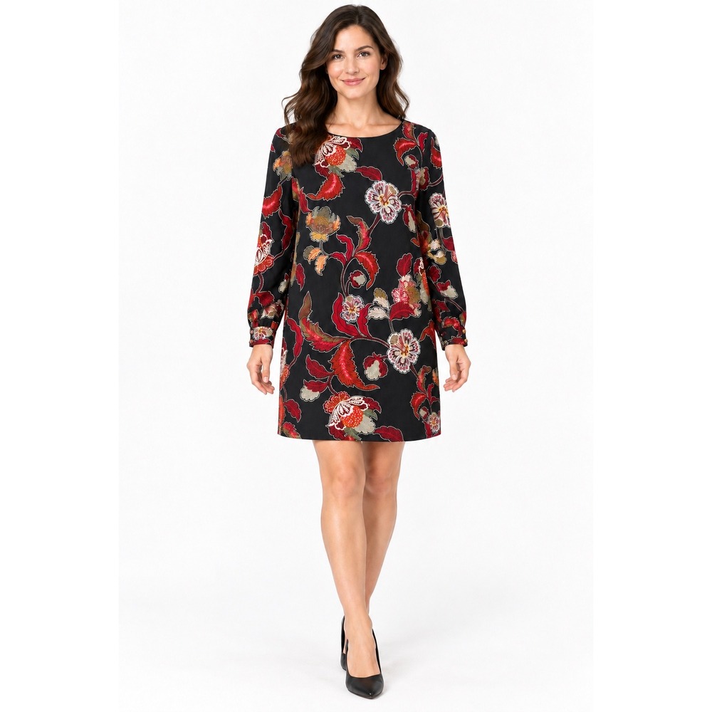 Neiman Marcus Womens Black Red Floral Long Sleeve Shift Dress Size 6